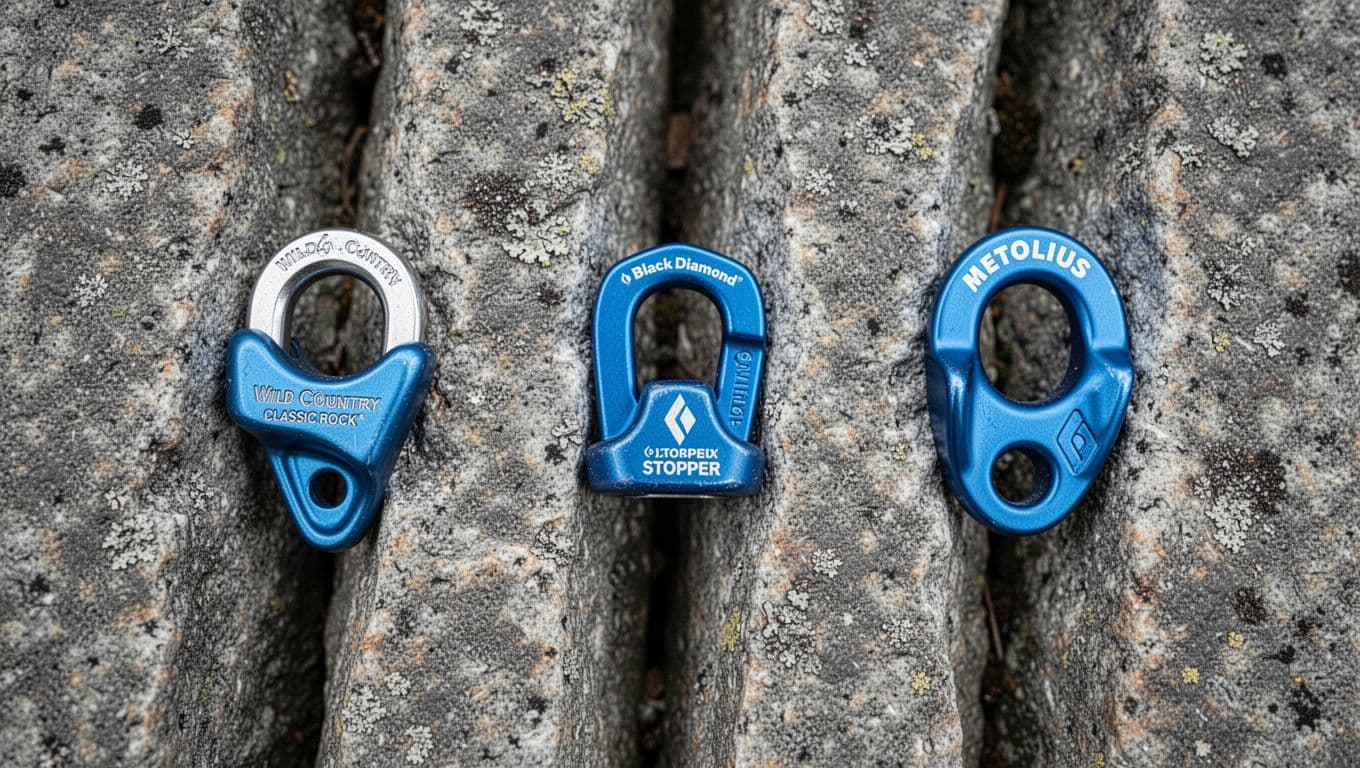 Top-down view of Wild Country Classic Rock blue, Black Diamond Stopper blue, and Metolius Curve Nut blue placed side by side in parallel granite cracks, highlighting taper and shape differences on rough granite surface with natural lighting.