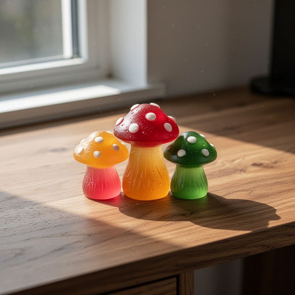 Three vibrant fruit-based mushroom gummies rest in a neat pile on a natural oak desk surface.