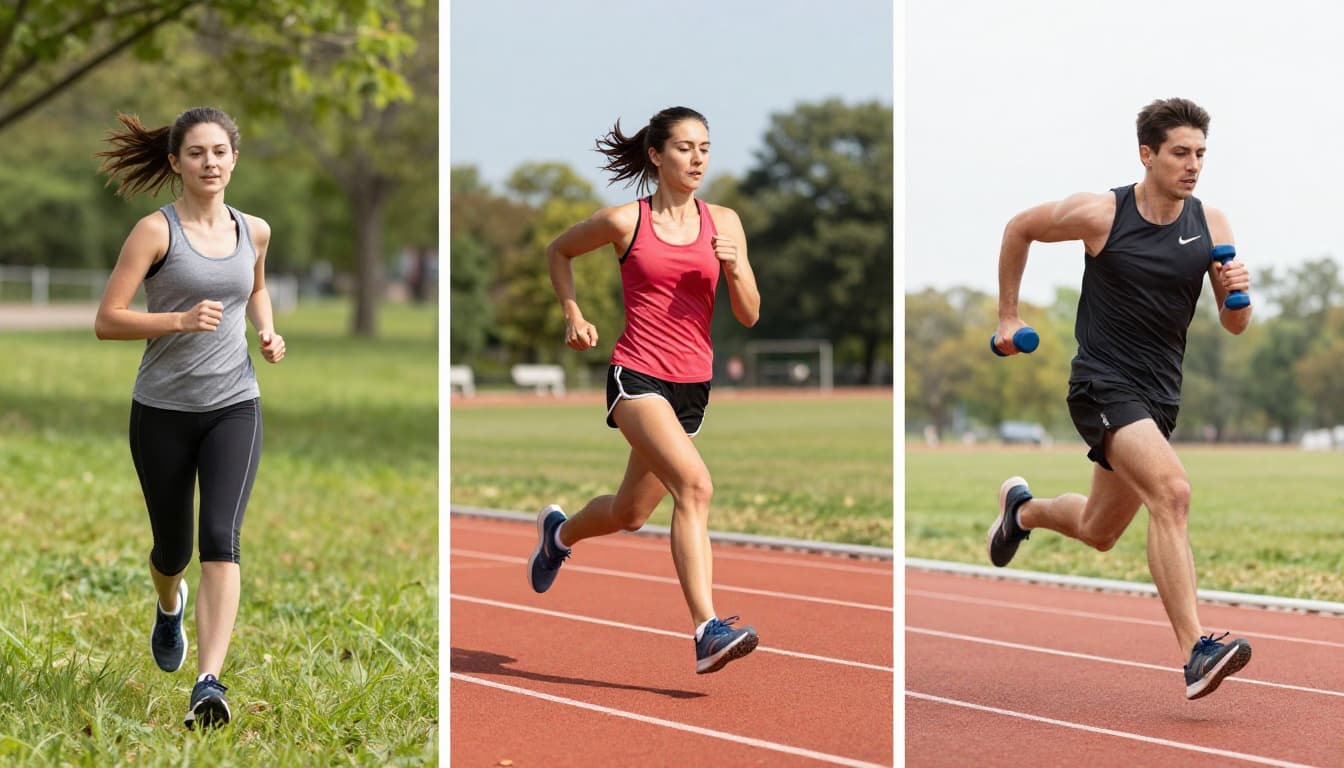 Side-by-side realistic photo of a beginner casually jog-walking on a park path, an intermediate powerfully sprinting on an outdoor track with motion blur, and an advanced runner charging up a steep hill trail holding light dumbbells, all in sunny daylight with sharp dynamic focus.