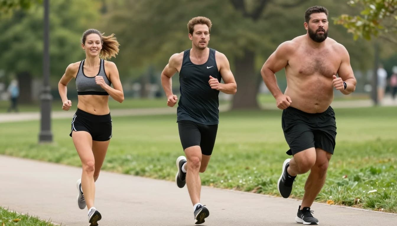 Viewed from behind, three runners side-by-side on a sunny flat park path: slim athletic woman jogging relaxed, average man at steady pace focused, heavier muscular man running fast powerfully, with motion blur on legs in realistic bright daylight photography.