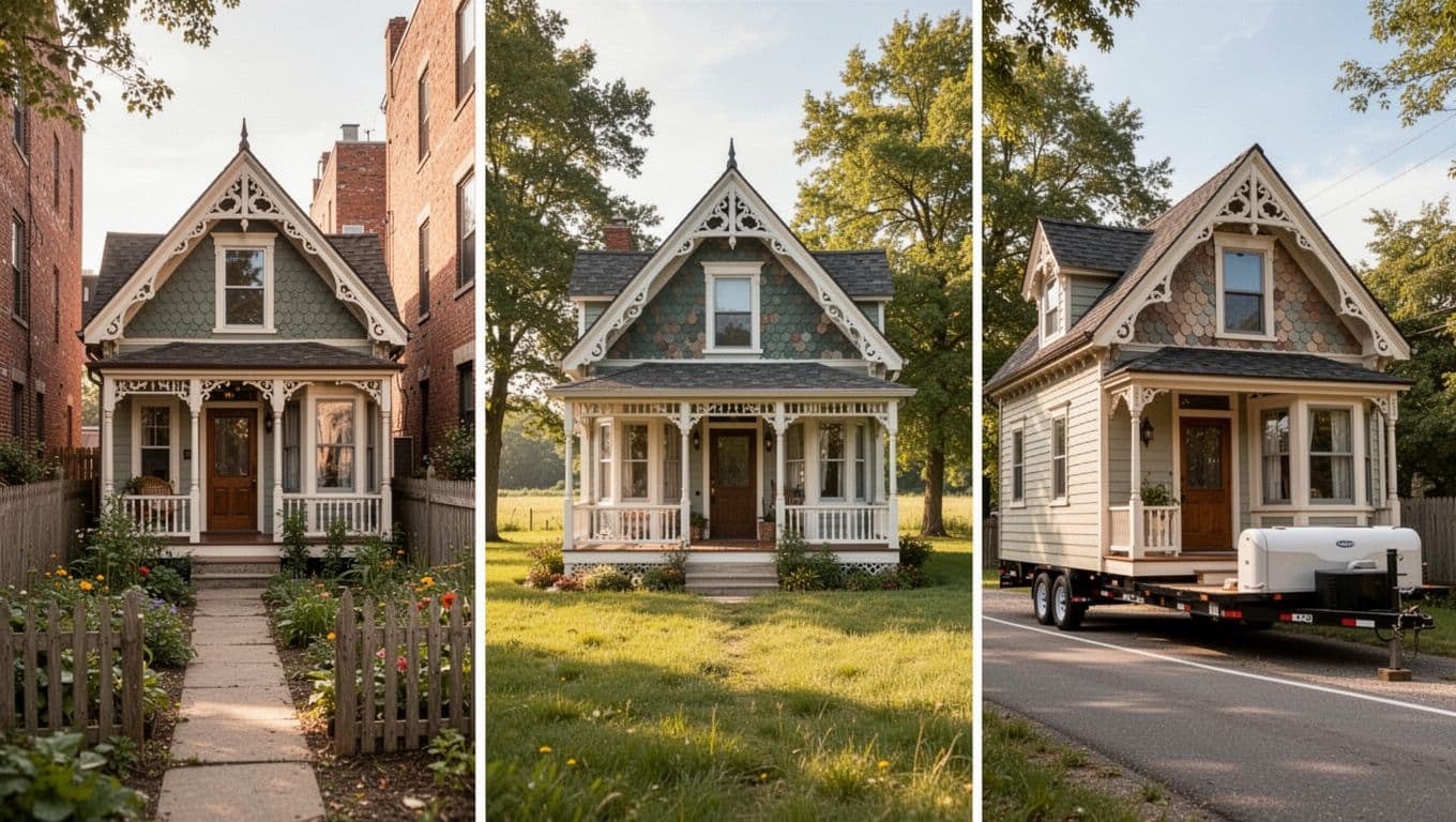 Three detailed Victorian tiny houses under 600 sq ft on different lots: narrow urban garden, rural grassy field with trees, and mobile trailer roadside. Featuring steep gabled roofs, gingerbread trim, wraparound porches, bay windows, fish-scale shingles in sunny afternoon light, high detail landscape composition.