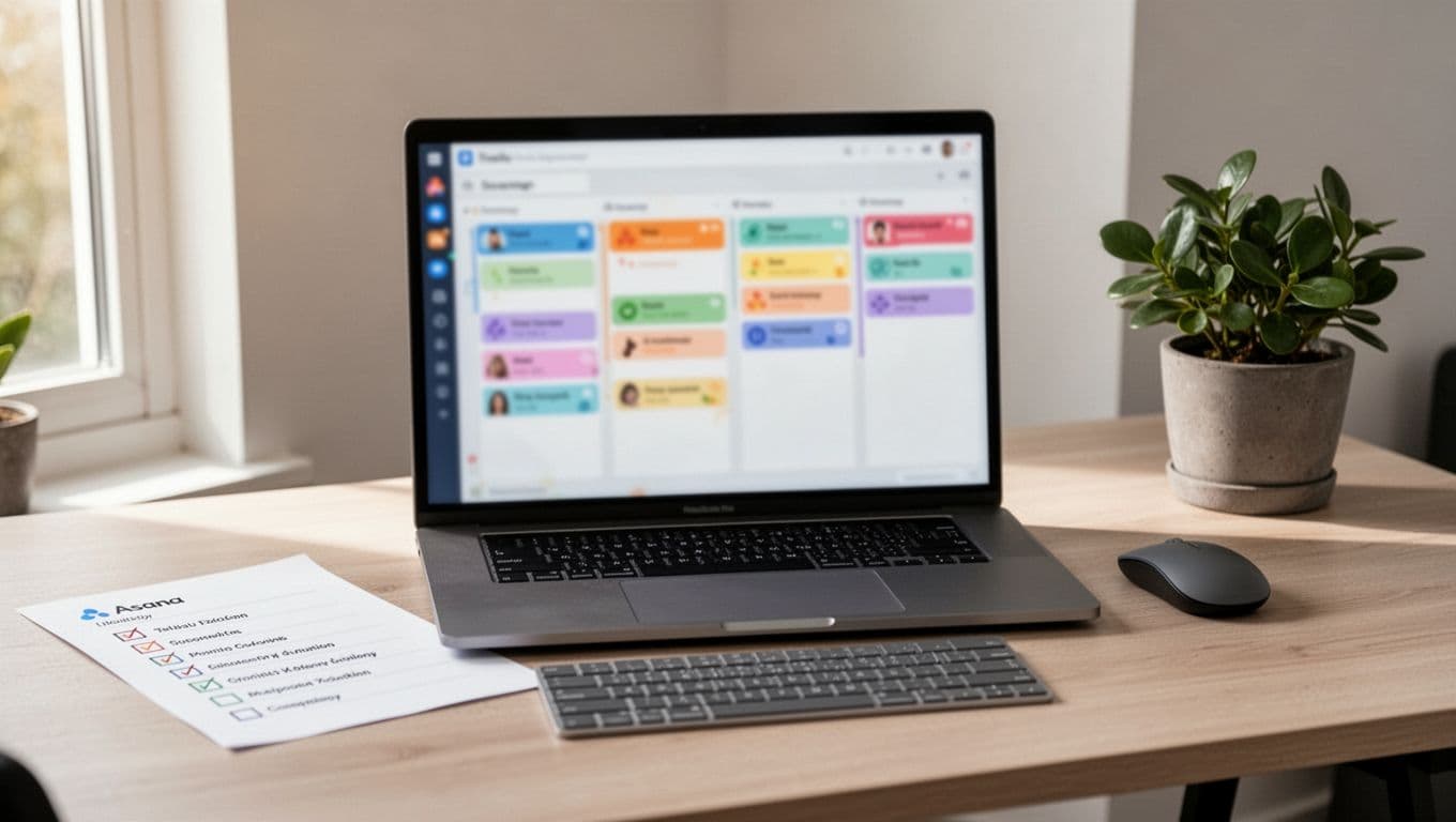 Photorealistic image of a tidy modern home office desk with a laptop screen showing a blurred kanban board like Trello or Asana, featuring colorful task cards and lists with no readable text. Includes wireless mouse, keyboard, printed checklist, potted plant, and natural side lighting; no people, logos, or watermarks.