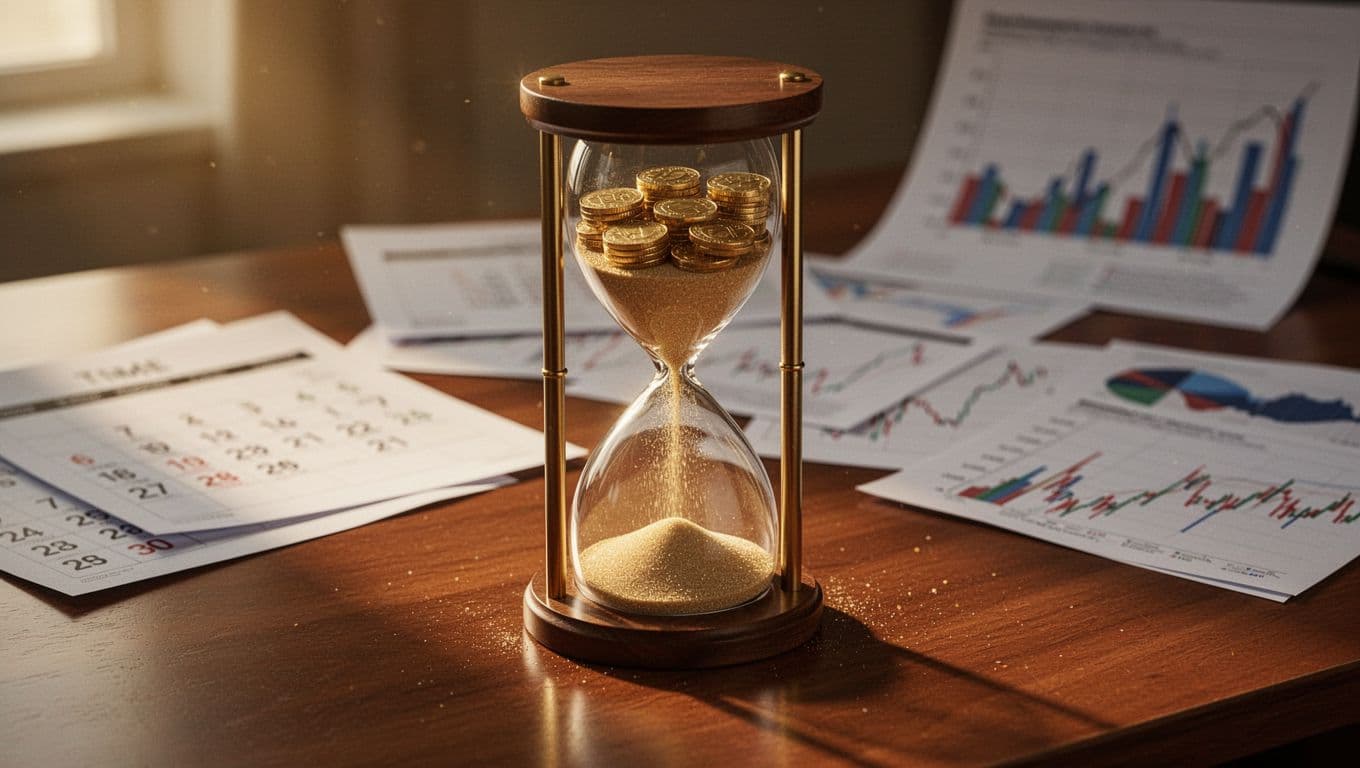 Hourglass on a polished wooden desk with golden coins pouring from the top chamber and transforming into sand in the bottom, blurred calendar pages and financial charts in the background symbolizing lost time.