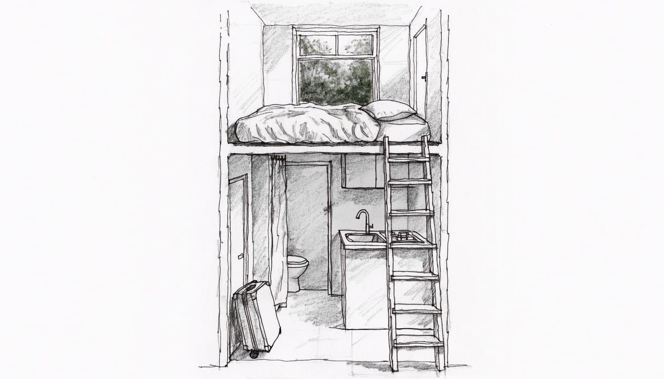 A graphite sketch showing the interior cutaway of a tiny home with a sleeping loft, ladder, and small kitchen.