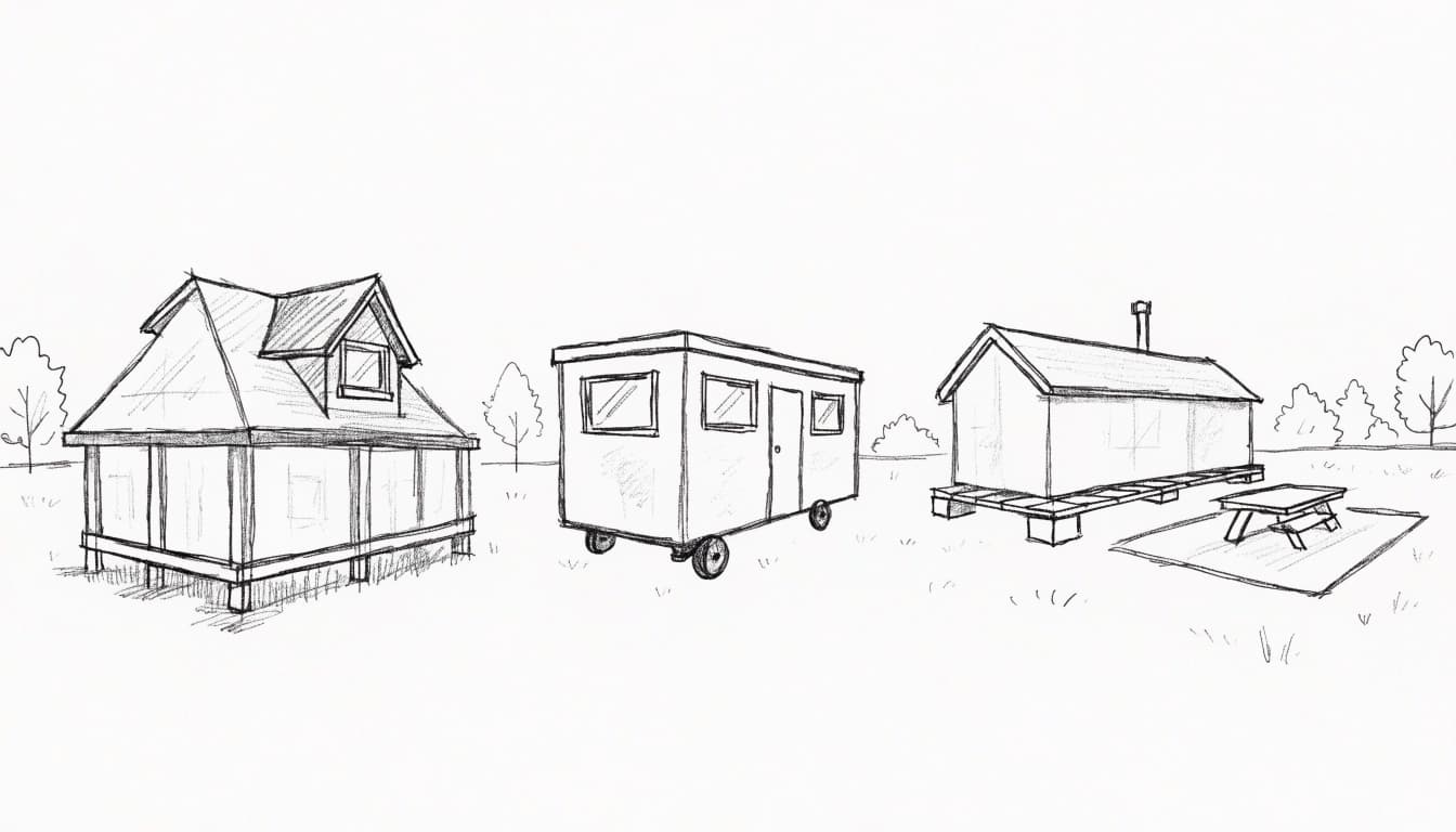 A graphite sketch of three tiny home styles on open ground with minimal trees.