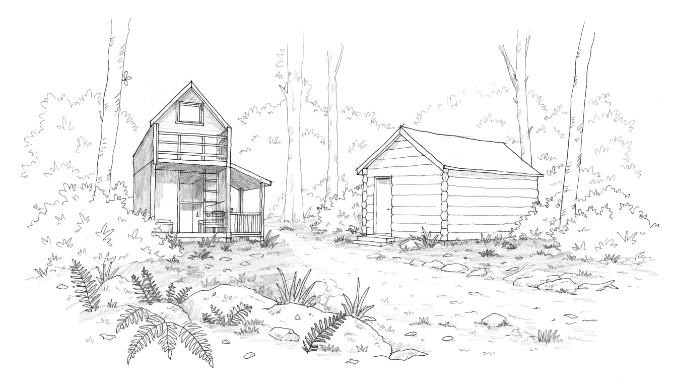 A hand-drawn architectural sketch of a tiny house with a loft and a rustic cabin in a wooded setting.
