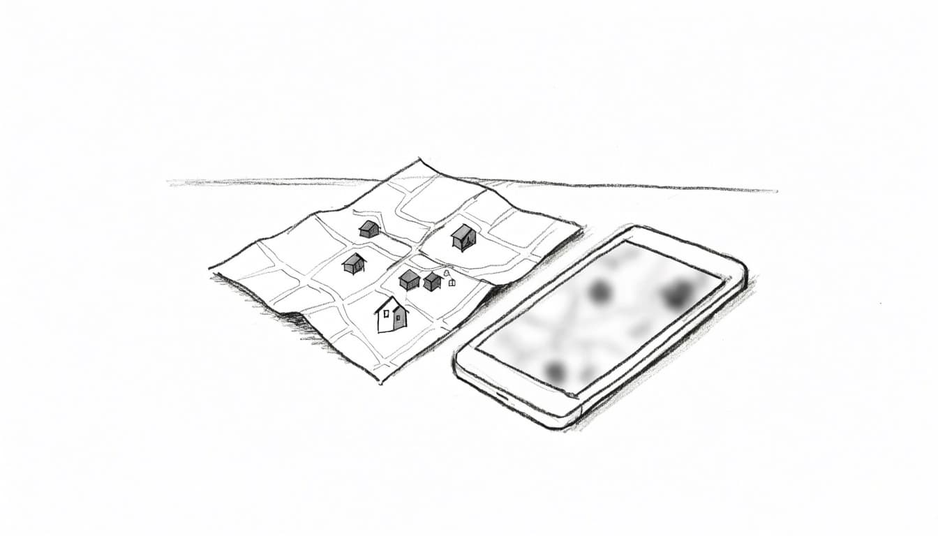 A graphite sketch of a folded map with tiny house icons next to a smartphone.