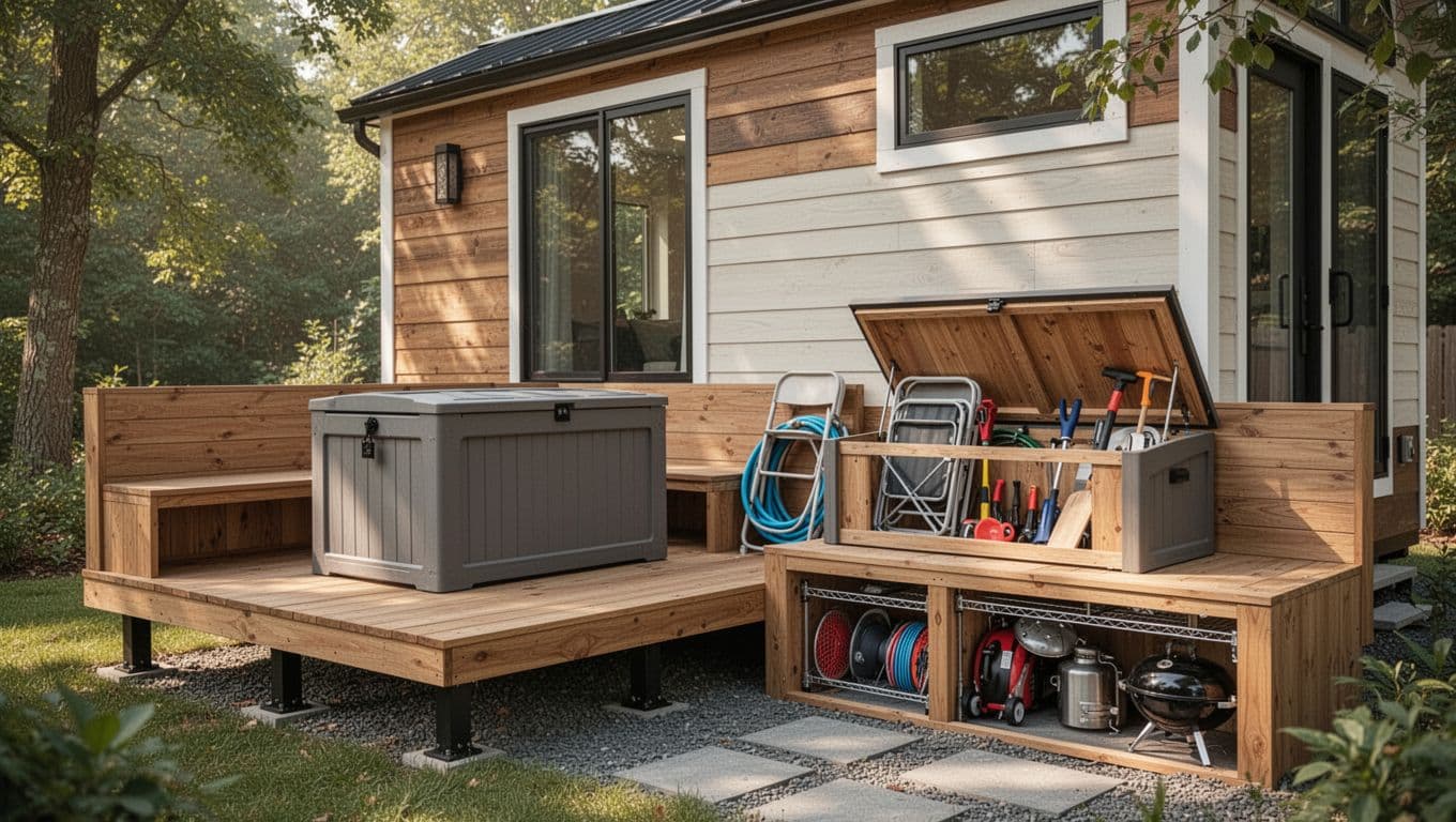 Outdoor tiny house deck area featuring a raised lockable vented deck box on sturdy legs and adjacent built-in wooden bench with open lid revealing stored items, plus under-deck racks, in realistic modern style with natural daylight.