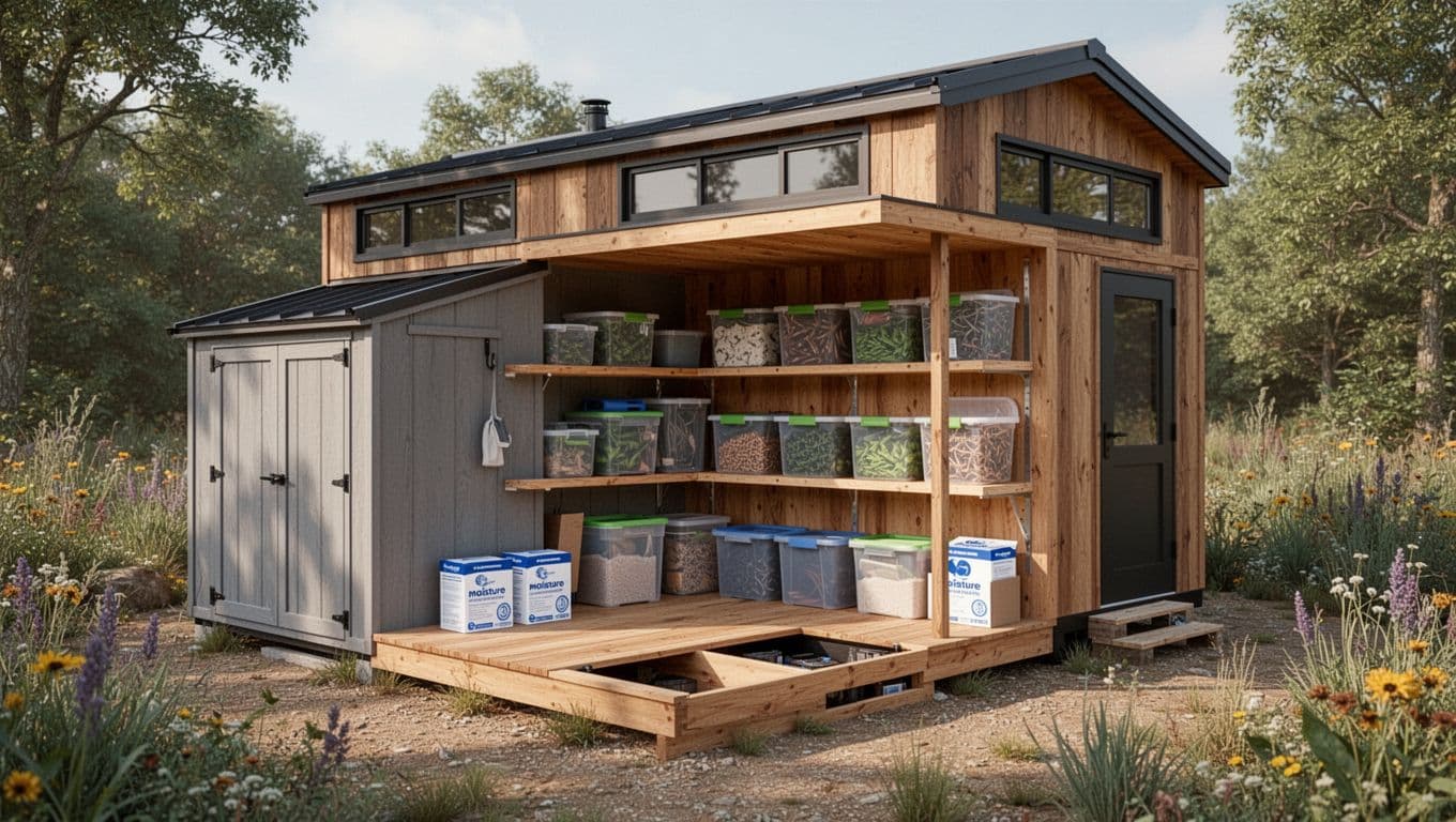 Realistic modern tiny house exterior with attached weather-proof shed, under-eave storage racks holding sealed totes and bug-proof containers, built-in deck compartments, moisture absorbers, and native plants in soft natural daylight.
