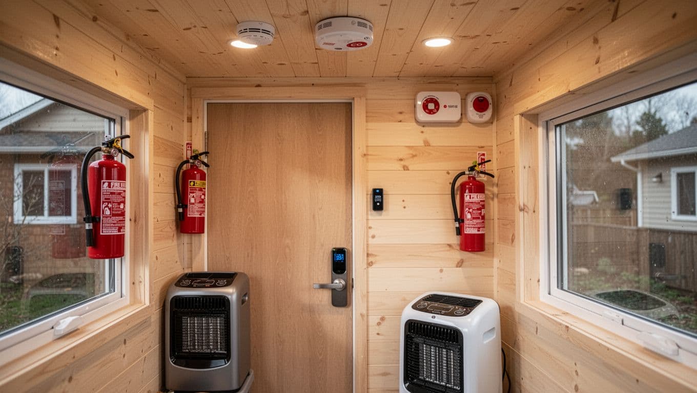 Clean modern tiny house interior safety setup featuring smoke and CO detectors on the ceiling, wall-mounted fire extinguisher, smart lock on the door, and portable AC heater unit by the window with warm ambient lighting and no people.