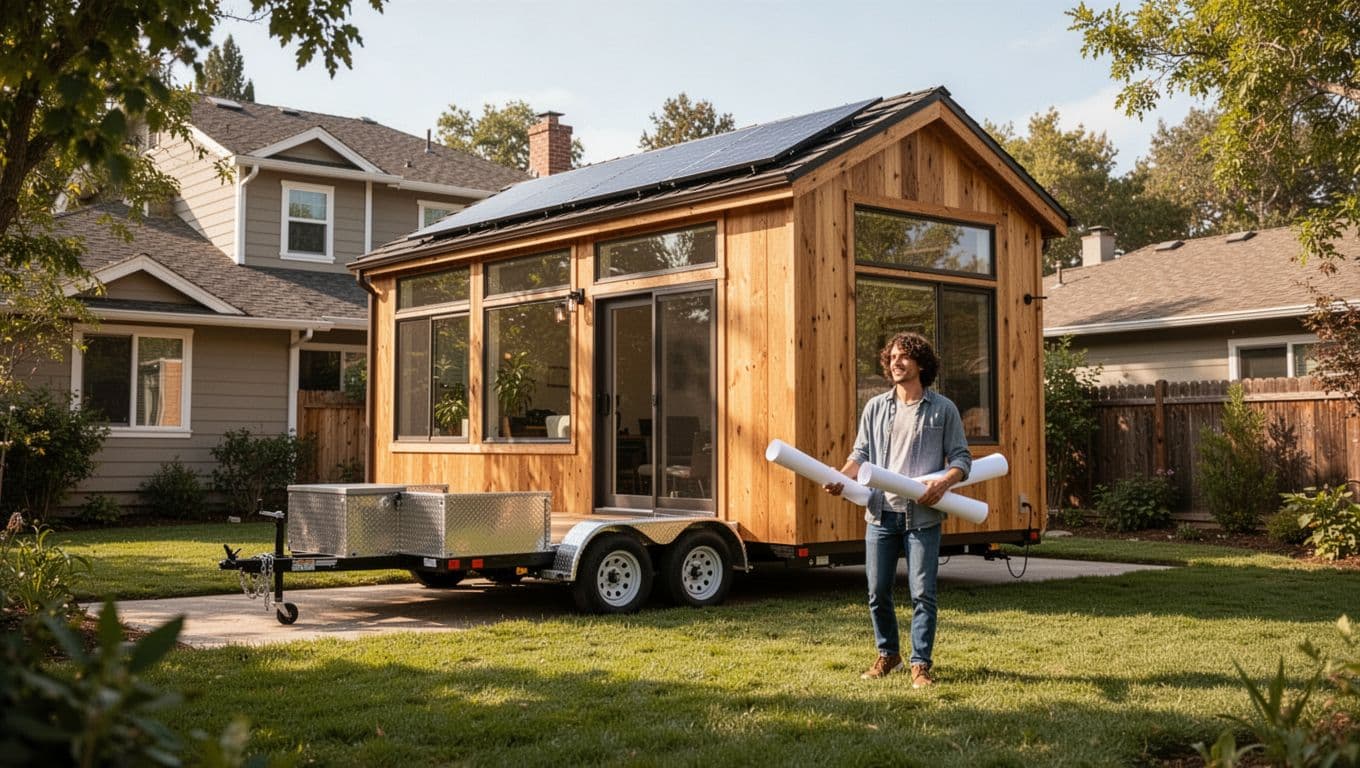 Realistic photo of a tiny house on wheels parked in a sunny suburban backyard next to the main house, acting as an ADU with visible trailer base, solar panels, large windows, and natural wood siding. One relaxed person stands nearby holding rolled blueprints amid green lawn and trees under warm natural daylight.