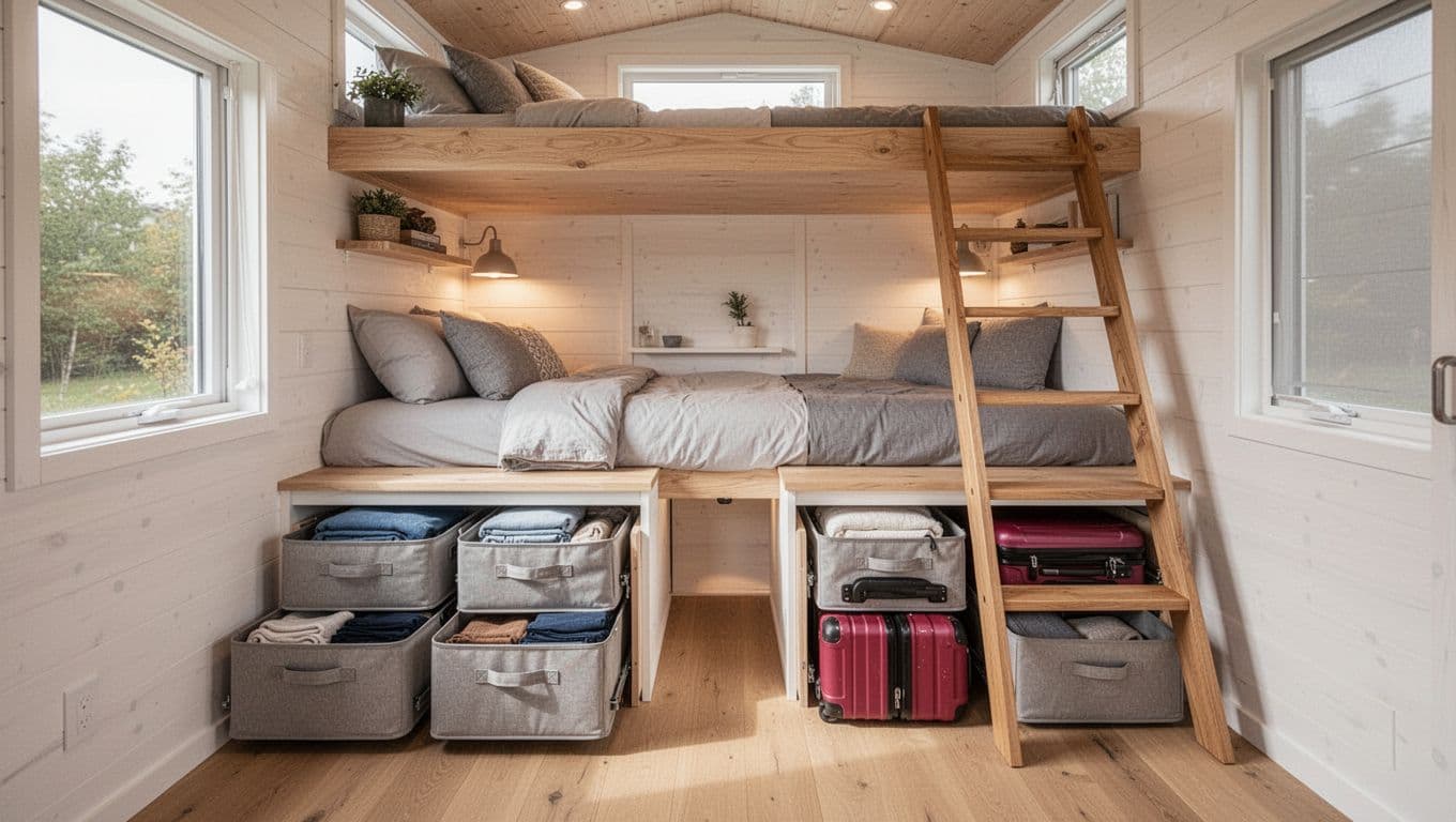 Realistic modern tiny house sleeping loft or platform bed area featuring under-bed storage drawers pulled out with organized bins and soft-sided bags for clothes, bedding, and luggage, clear walking aisle, safe wooden ladder access, warm soft lighting, cozy bedroom interior, landscape composition, no people.