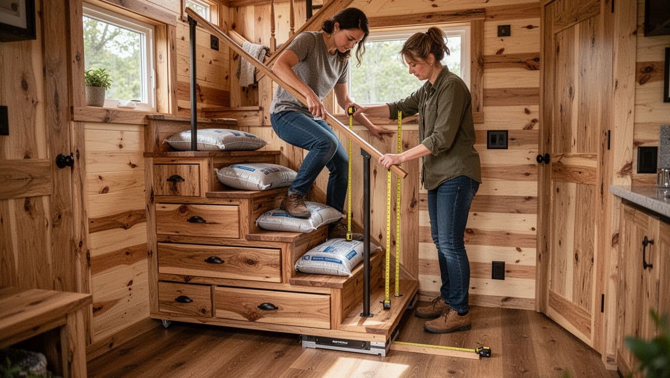 Realistic cozy tiny house interior with one person load testing wooden storage stairs with drawers using sandbags on steps, measuring handrail height with tape measure, and checking stable base on floor, illuminated by warm natural light from small window with detailed wood textures.
