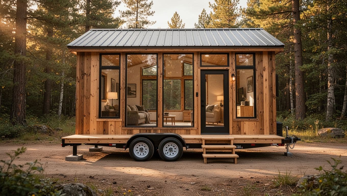 Photorealistic side view of a tiny house trailer parked on a dirt road in a forest clearing, with low 18-inch deck height, short steps to the front door, and tall windows showing spacious interior headroom. Wooden siding and metal roof under golden hour lighting emphasize high detail on axle, wheels, steps, and textures in a practical, inviting mood.
