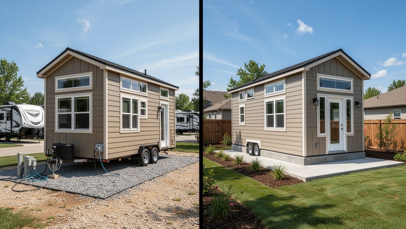 Split landscape image comparing a 12x24 tiny house on wheels in an RV campground with hookups to the same tiny house on a concrete foundation in a suburban backyard, sunny day, realistic photo style.