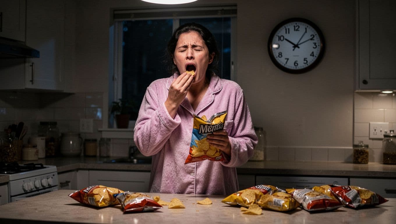 Realistic photo of a single tired adult in pajamas yawning while holding an open bag of chips in a dimly lit kitchen at 1 AM, with empty wrappers on the counter emphasizing exhaustion and poor choices.