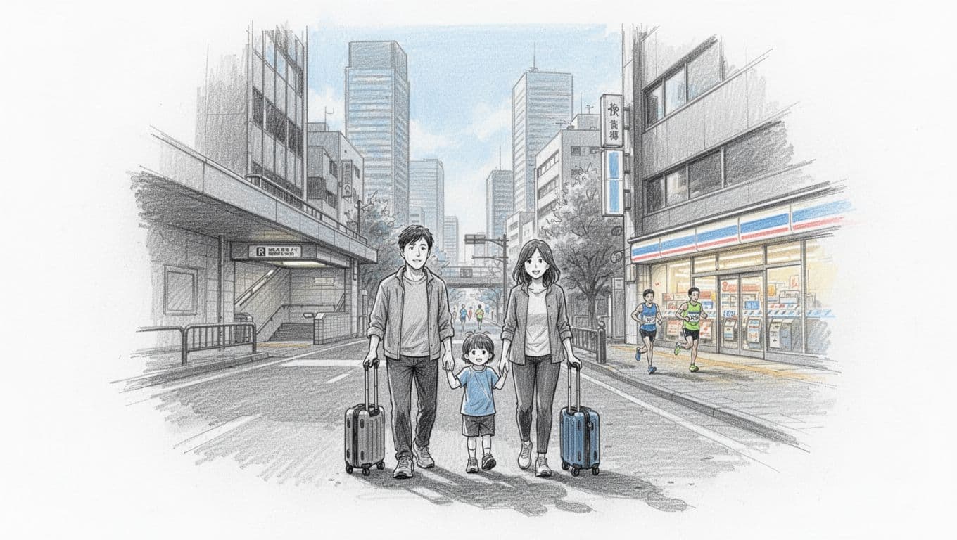A family of four walks with luggage near Tokyo hotels and a station before a marathon.