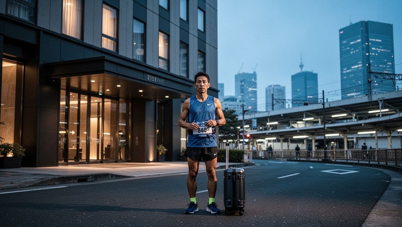 A marathon runner with a suitcase outside a Tokyo hotel before dawn.