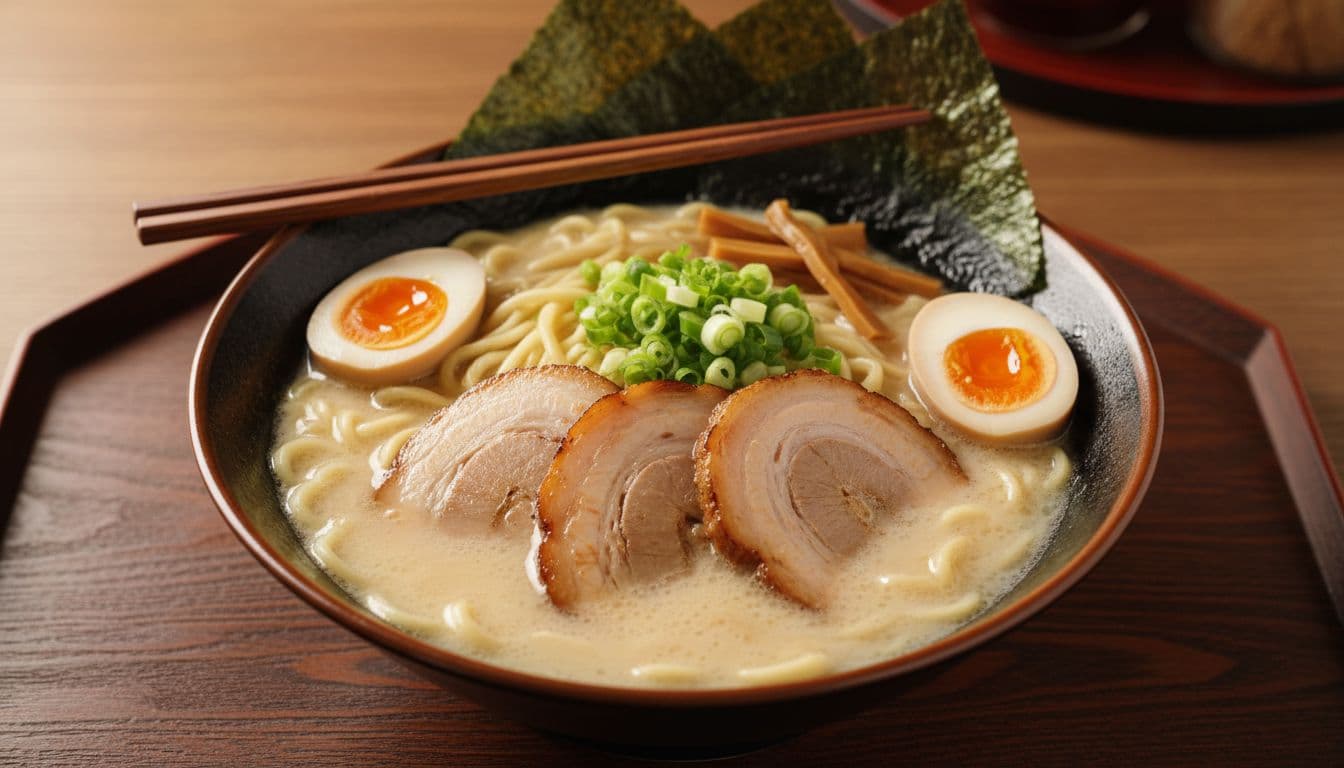 Rich bowl of tonkotsu ramen with creamy pork broth, chewy wheat noodles, sliced soft-boiled egg, chashu pork slices, green onions, nori seaweed, and bamboo shoots on a dark wooden tray with chopsticks.