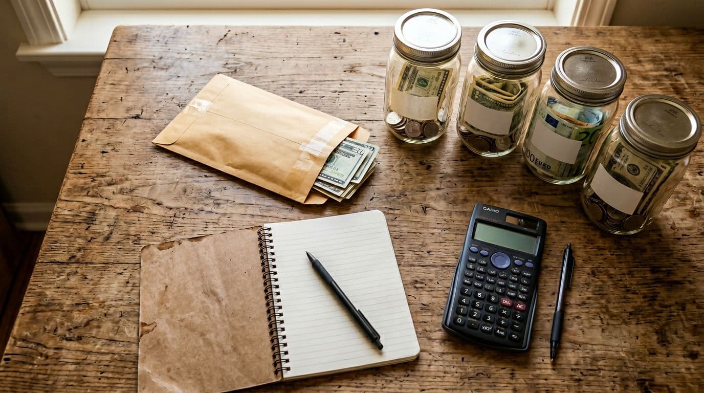 Photorealistic top-down view of a simple desk showing a secure cash-filled envelope for emergency funds and vaguely labeled jars for sinking funds like car repair, home fixes, travel, and annual bills, with a calculator and notebook nearby under warm natural lighting.