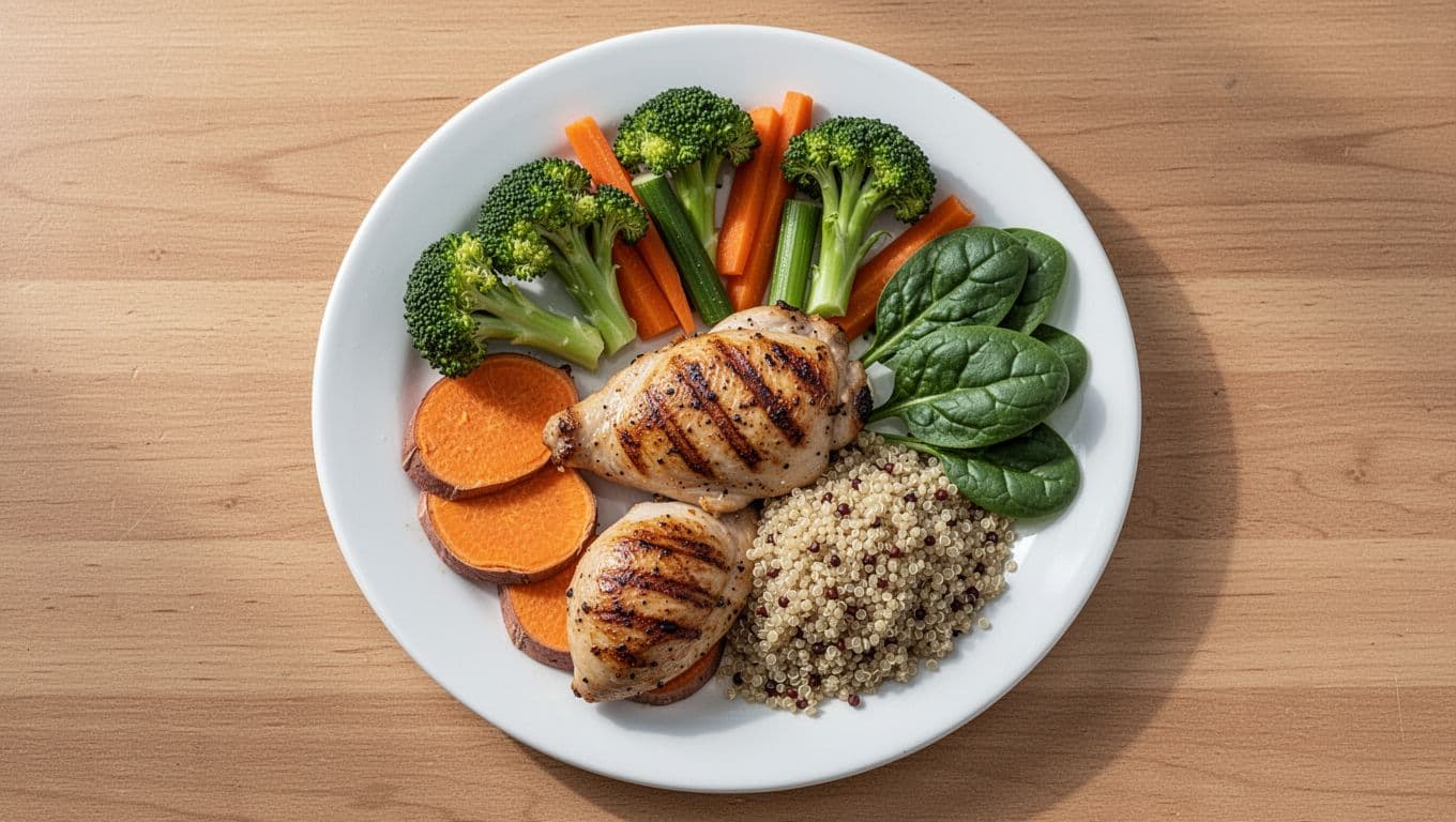 Top-down view of a healthy balanced meal plate featuring grilled chicken for protein, sweet potato and quinoa for carbs, and colorful vegetables including broccoli, carrots, and spinach, served on a plain white plate on a wooden table with bright natural daylight lighting.