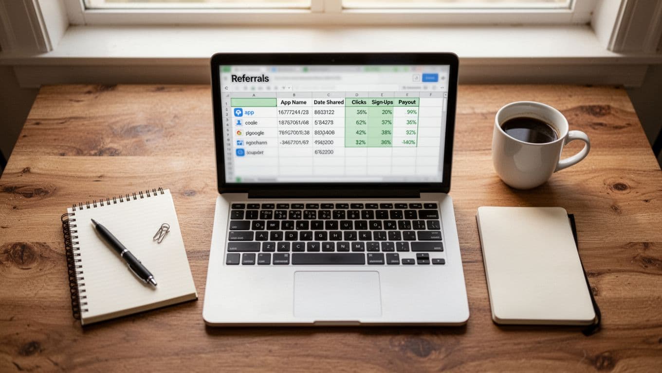 Photorealistic top-down view of a wooden desk with a laptop open to a simple referral tracking spreadsheet, notepad and pen beside it, coffee mug, under soft natural window light; screen blurred, no extra items.