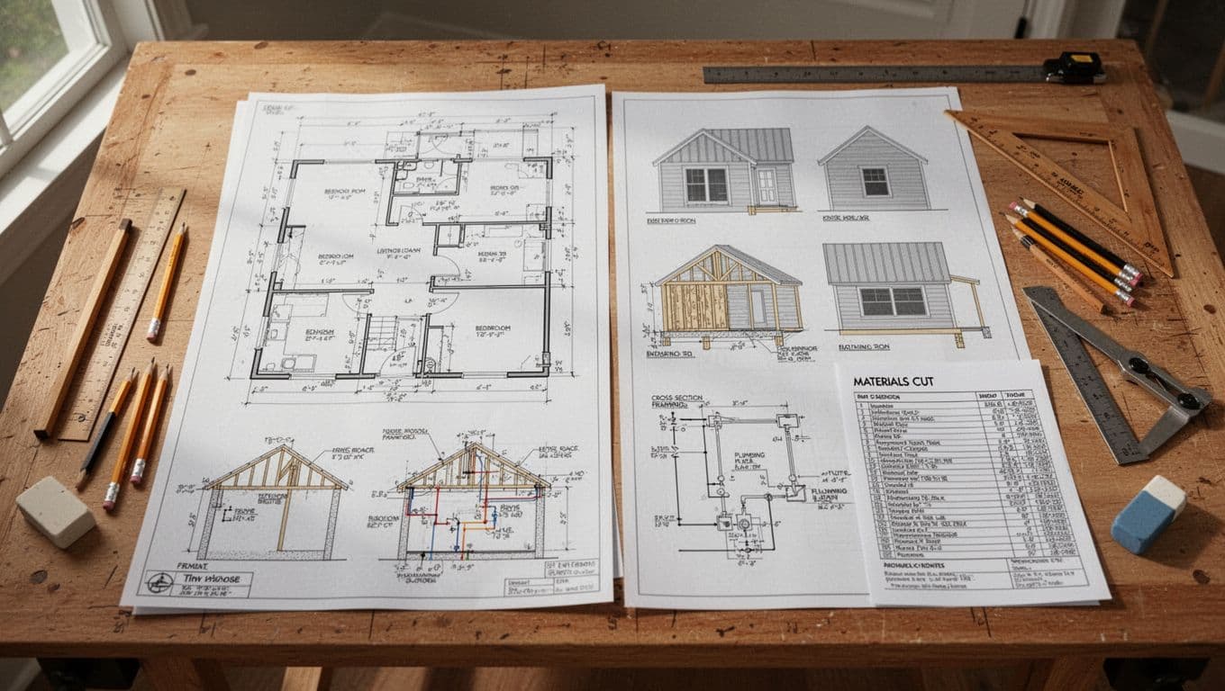 Realistic top-down photo of detailed 12x24 tiny house blueprints spread across a wooden drafting table, including floor plan, elevations, cross-sections, electrical, plumbing, and materials list, surrounded by drafting tools under soft light.