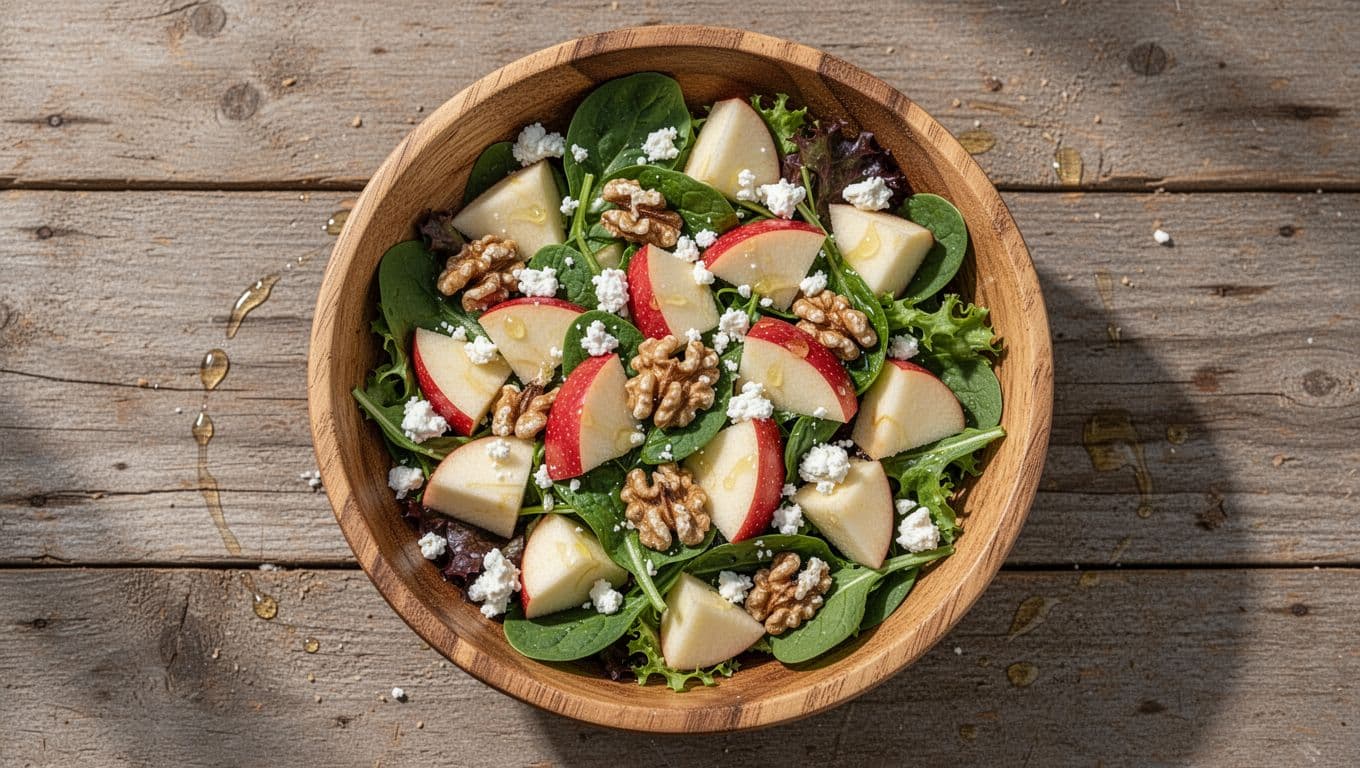Top-down view of a wooden salad bowl filled with mixed greens, Honeycrisp apple chunks, halved walnuts, and feta crumbles, lightly dressed with oil on a rustic table in natural light.
