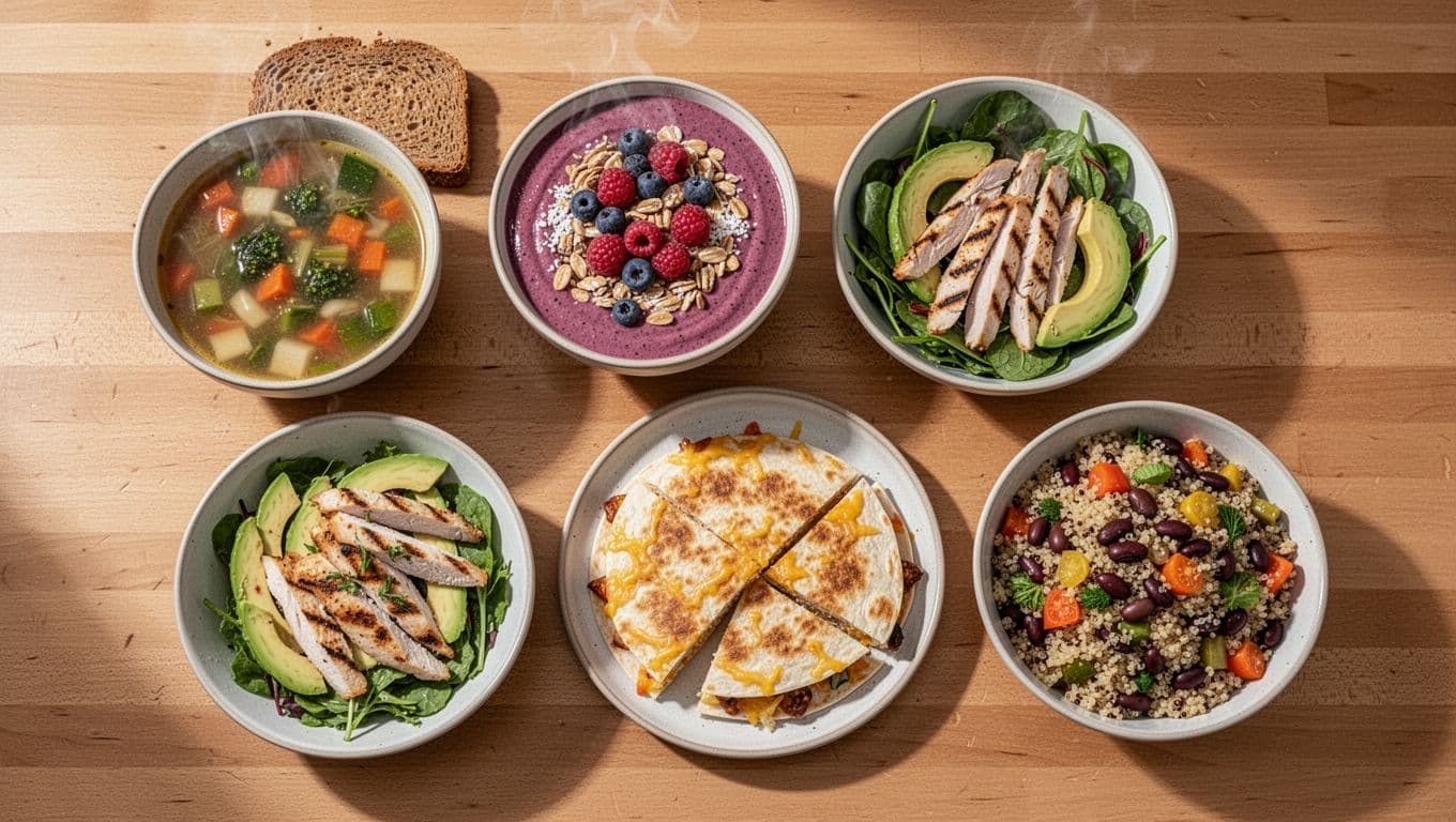 Top-down photorealistic view of five easy light meals on a wooden kitchen counter: vegetable soup with toast, smoothie bowl with fruits and nuts, green salad with grilled chicken and avocado, cheese quesadilla, and grain bowl with quinoa, rice, veggies, and beans.