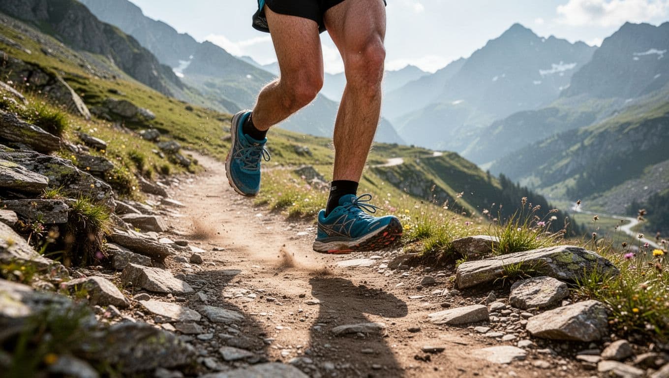 Close-up view of a runner's feet wearing specialized athletic shoes while traversing a dusty mountain path. The rugged terrain features loose gravel, sharp rocks, and sunlight filtering through the mountain brush.