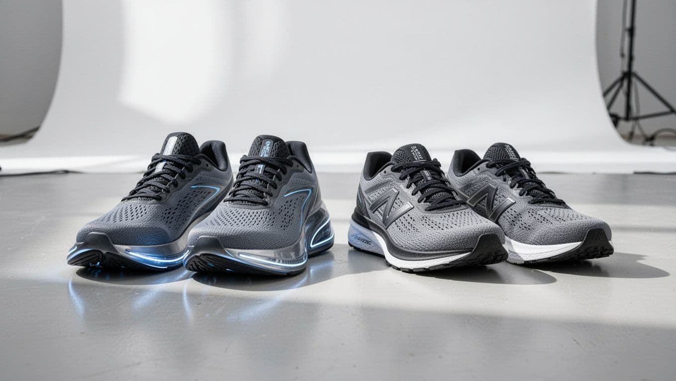 Three pairs of road running shoes rest on a clean, bright studio floor. The center Topo Ultrafly 6 features a wider forefoot design compared to the standard, narrow trainers placed alongside them.