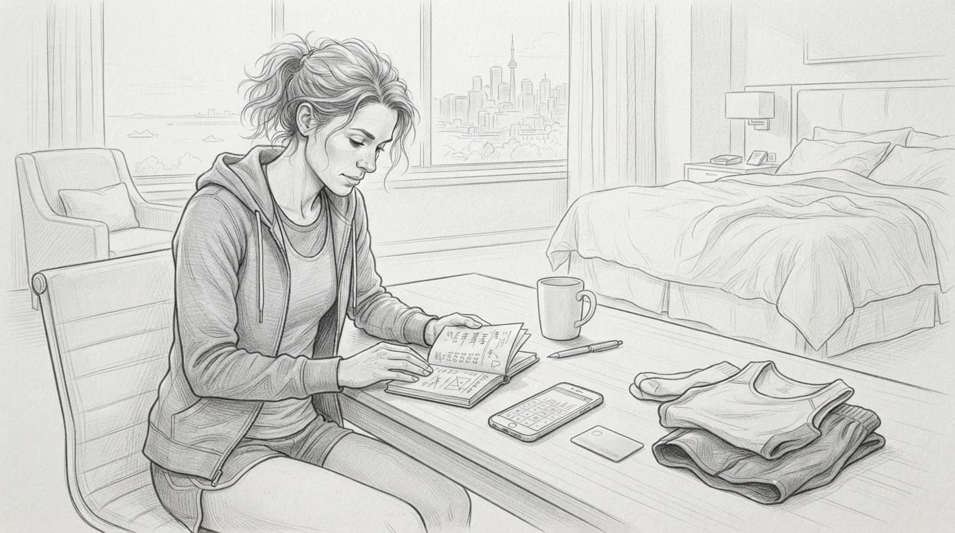 A marathon runner reviews travel costs beside a phone and folded race clothes in a hotel room.