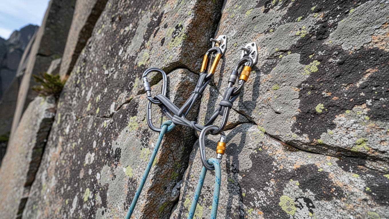 Trad climbing belay anchor on a granite ledge with two redundant DMM nuts in cracks, equalized using slings and two locking carabiners, natural rock textures under daylight, side angle view with masterpoint ready, no people, text, logos or watermarks.