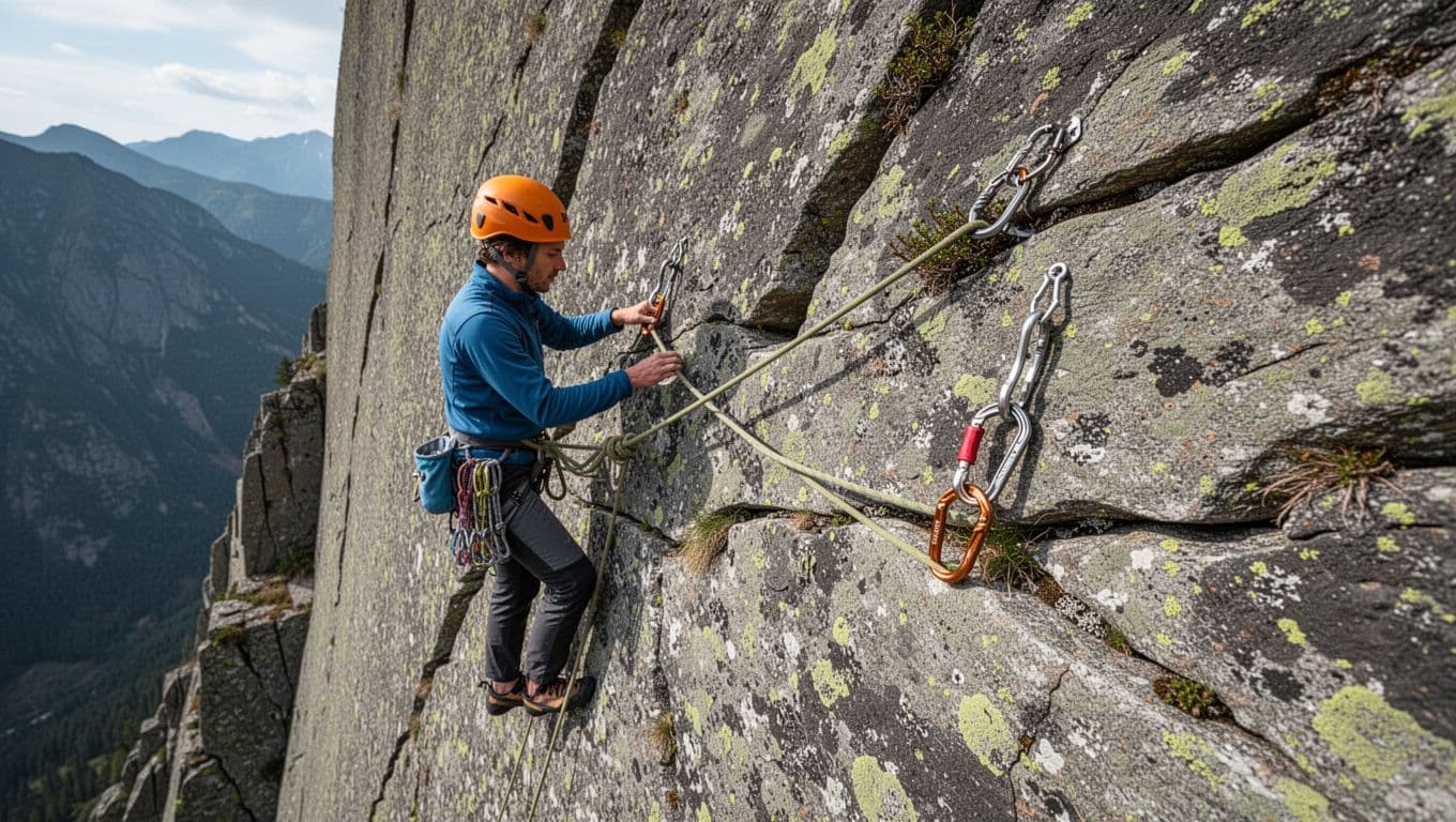 A trad climber clips a long alpine draw to a DMM Wallnut in a traversing zig-zag crack on an outdoor rock wall, shown from side profile with relaxed hands and straight rope without drag in natural daylight.