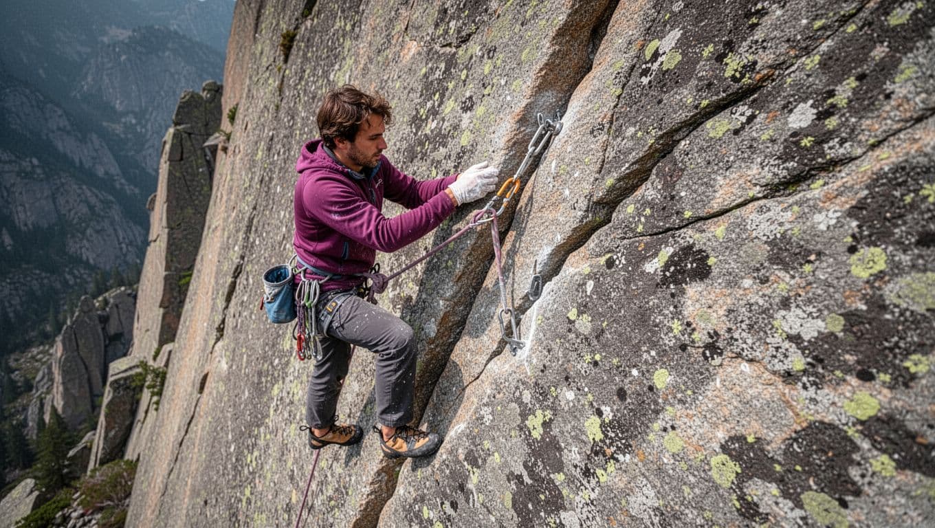A trad climber in secure foot stance on a granite cliff places a cam into a parallel crack using a chalked hand and extension draw, testing with a downward tug under natural daylight with detailed rock textures.