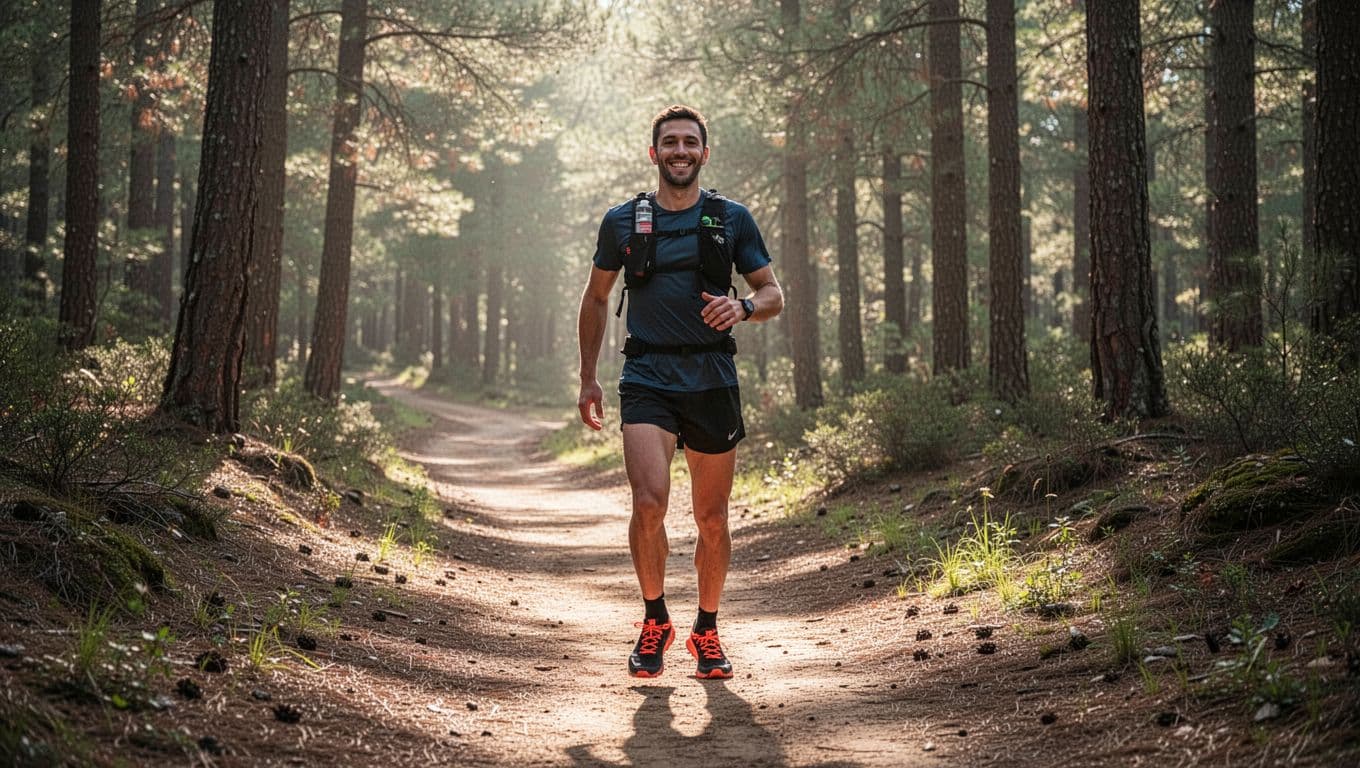 Trail runner in black and orange ASICS Gel-Sonoma 8 shoes stands smiling on sunny forest dirt trail.