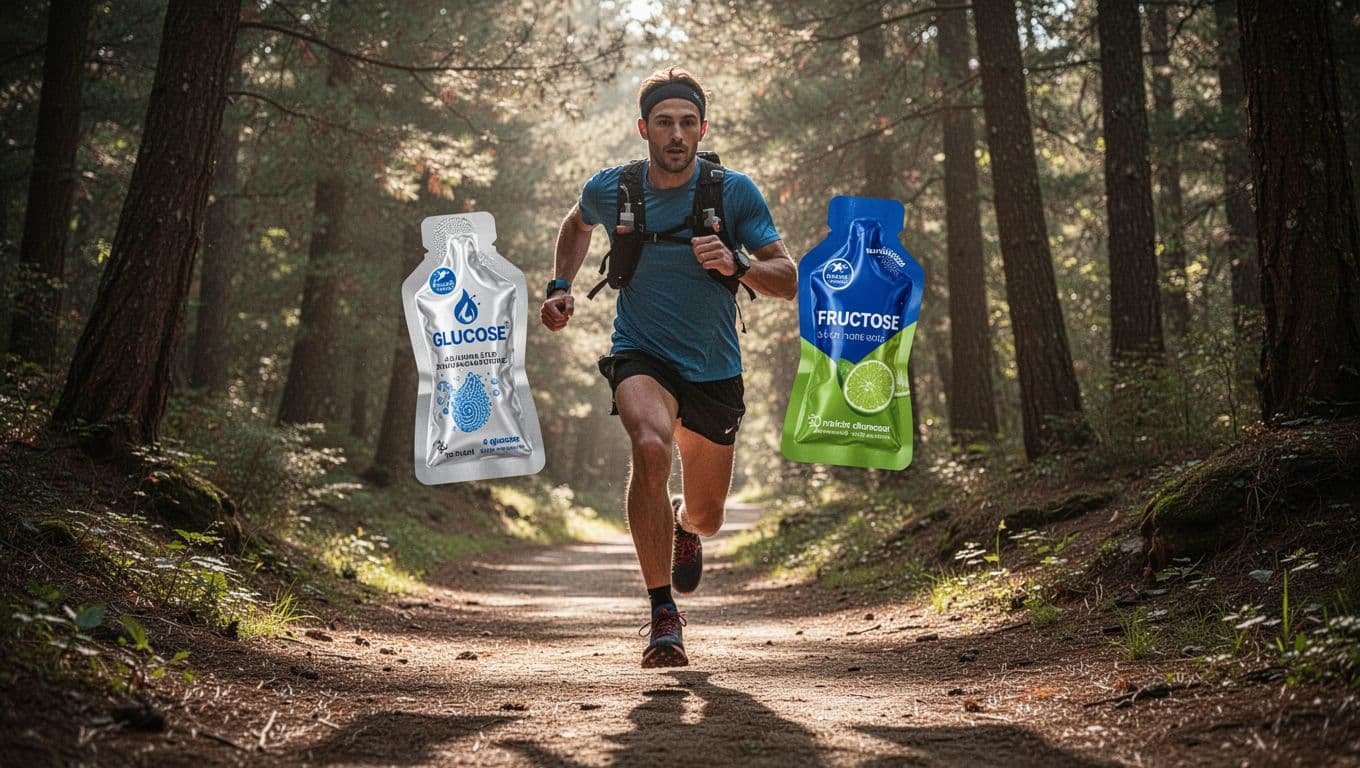 Runner holds two gel packets, one glucose and one fructose implied, on forest trail during dynamic run.