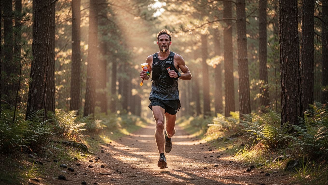 Trail runner mid-stride on forested path holds energy gel packet and chews, determined face with light sweat in golden hour light.