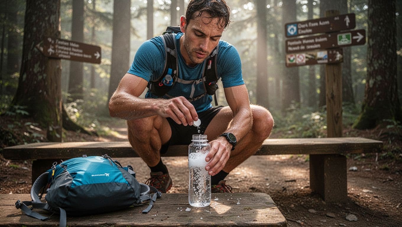 Crouched trail runner drops white effervescent tablet into open water bottle with rising fizz bubbles, backpack beside in forest.