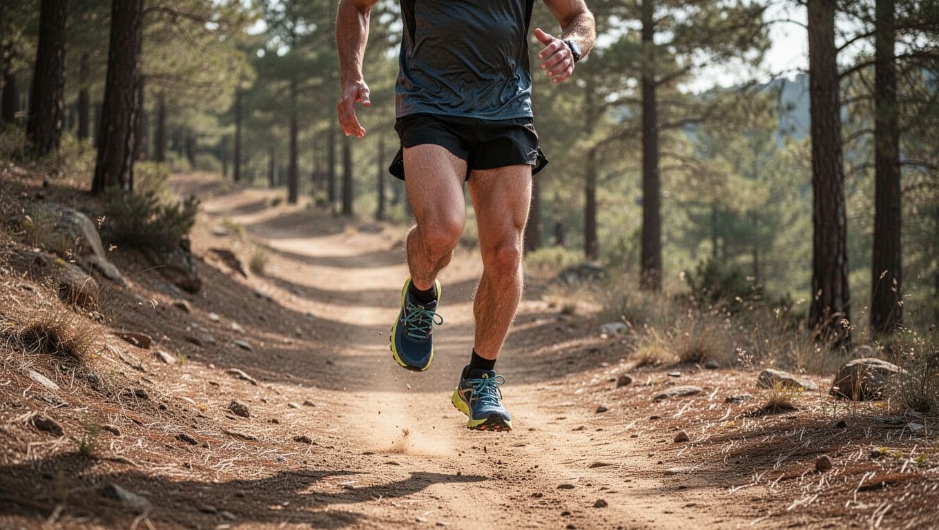 Runner in ASICS Gel-Sonoma 8 shoes shows forefoot stride on dry dirt trail amid forest hills.