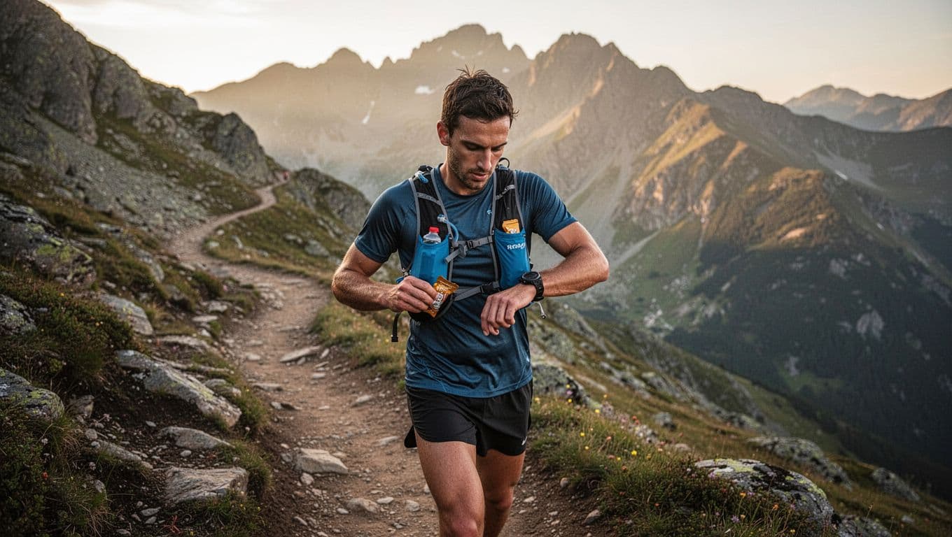 Runner pauses on mountain trail to grab gel from hydration vest pocket while checking wristwatch.