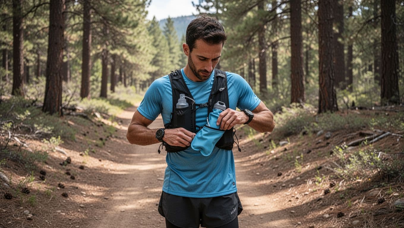 A trail runner pauses on a dirt path to insert the HydraPak UltraFlask Speed 17oz soft flask into a vest pocket, showcasing its rigid cap, collapsed shape, and secure no-bounce fit against a forested trail background.