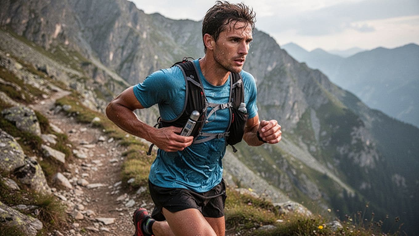 Trail runner pulls small capsule from running vest pocket on rugged mountain path with sweaty intense face.
