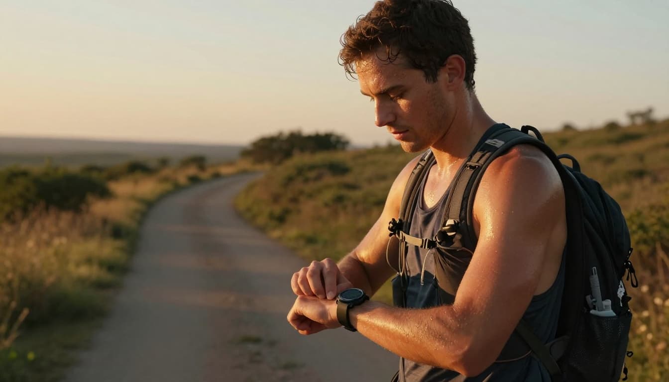 A focused runner with sweat on his face logs weekly distance on a smartwatch while on a natural outdoor trail at sunset, wearing a backpack in warm golden hour lighting.