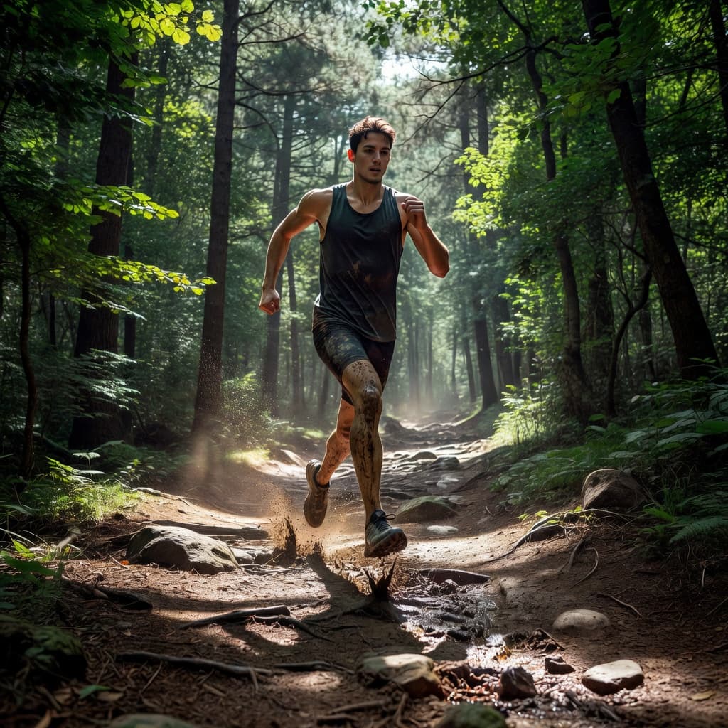 A focused runner sprints along a damp, rugged forest path during a high-intensity workout. Sunbeams pierce through the dense canopy, illuminating the athlete's determined posture and the muddy terrain beneath.