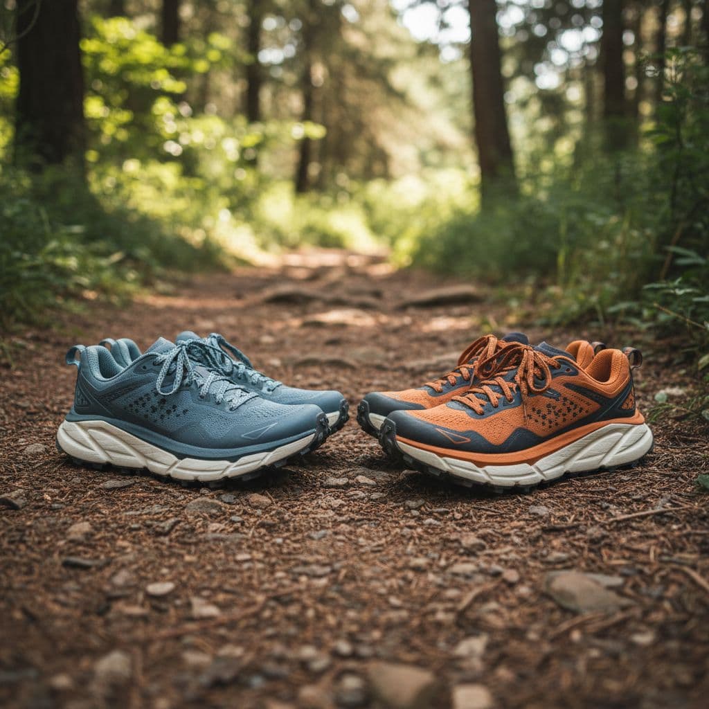 Two pairs of high-cushion trail running shoes rest side-by-side on a rugged, dirt-covered forest path. The textured outsoles and mesh uppers are highlighted by soft natural light filtering through the trees.