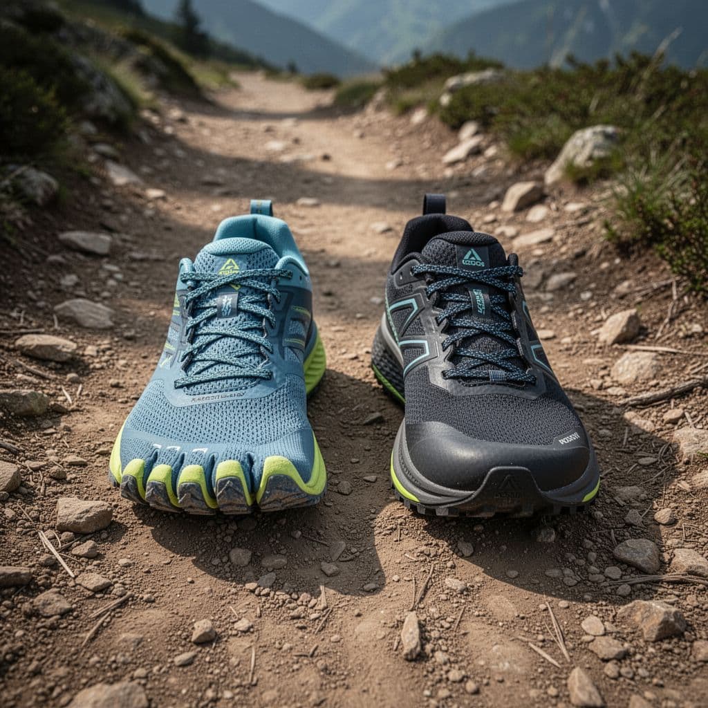 A pair of distinct trail running shoes rests on a dusty mountain path. A wide, flexible sneaker sits next to a rigid, structured performance shoe, highlighting their contrasting sole and mesh designs.