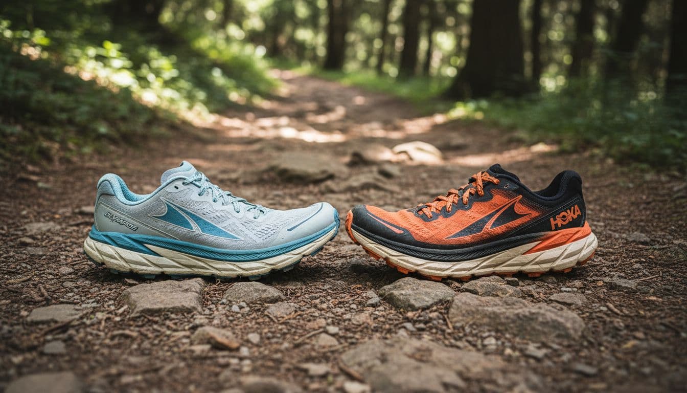 A wide-toe-box minimalist trail shoe sits beside a chunky maximalist rocker shoe on a dusty mountain path. Both pair of technical runners rest against a background of scattered gravel and stones.
