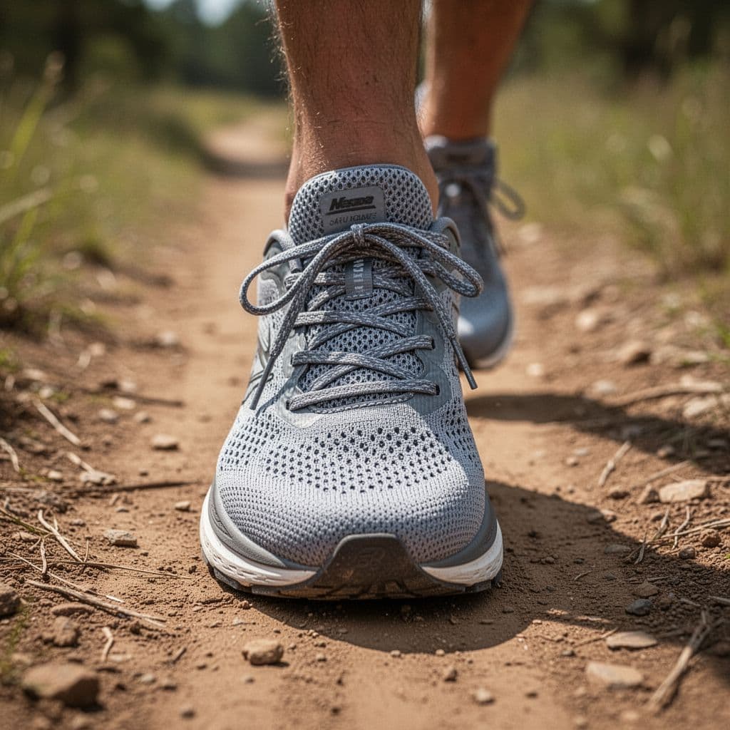 A low-angle close-up highlights the breathable mesh upper and lacing system of a trail running shoe.