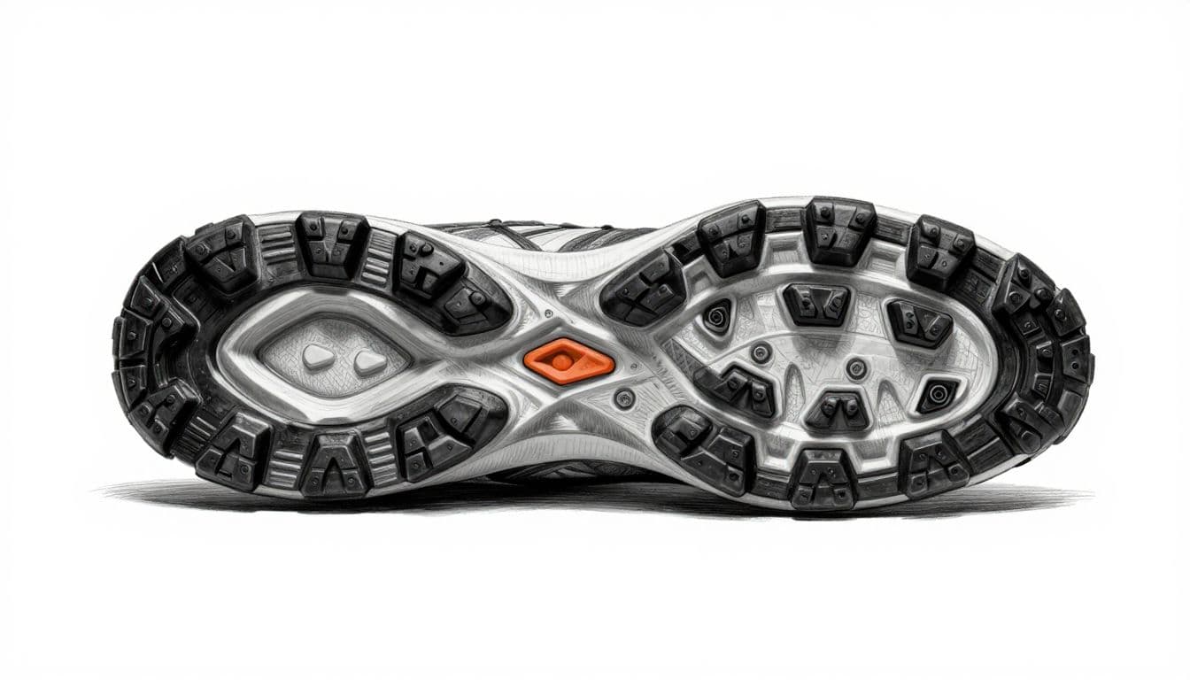 A close-up graphite sketch displays a detailed trail running shoe outsole. Sharp rubber lugs and deep grooves are rendered with intricate shading to emphasize the durable traction pattern on white.